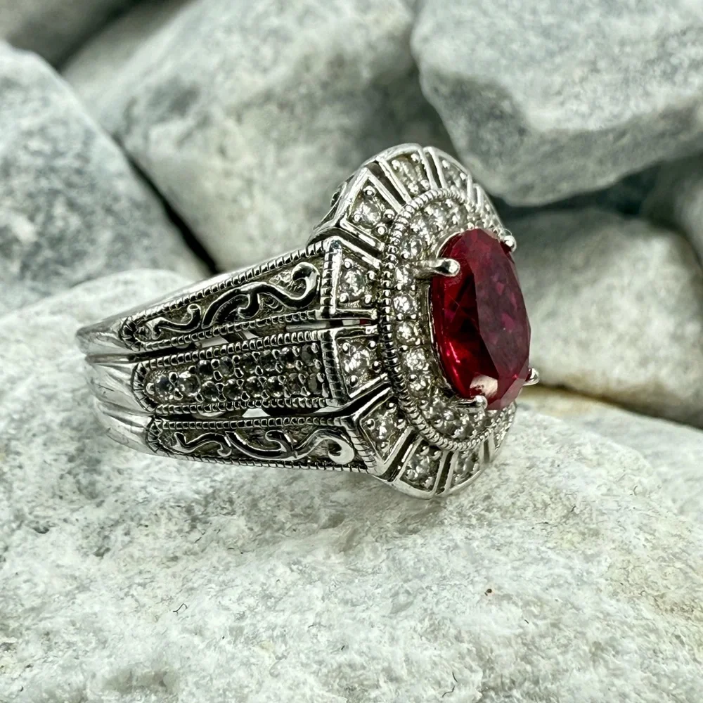 Vanna K for Bella Luce 2.80ct Ruby & Zirconia Halo Ring Sterling Silver Sz 5